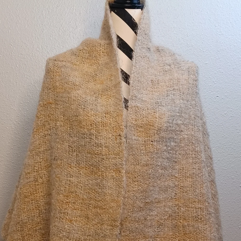 Earthy Natural Beige Hand Woven Mohair Wool Blend Fringe Wrap Shawl